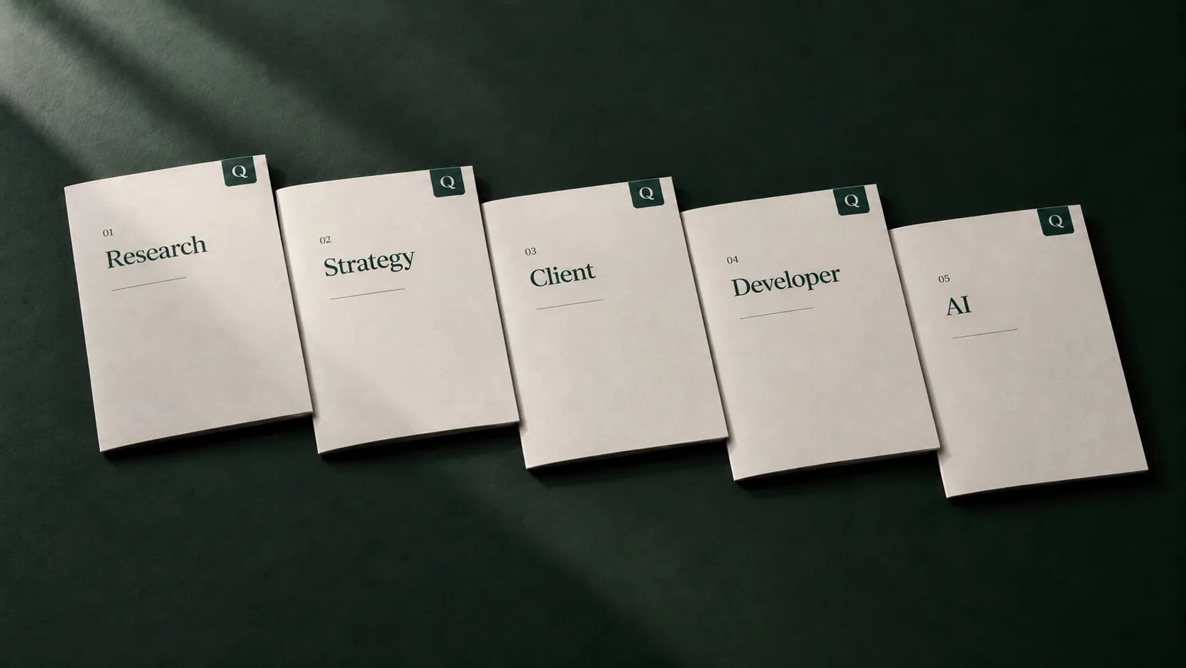 Five booklets in a row, numbered 01 to 05: Research, Strategy, Client, Developer, AI.