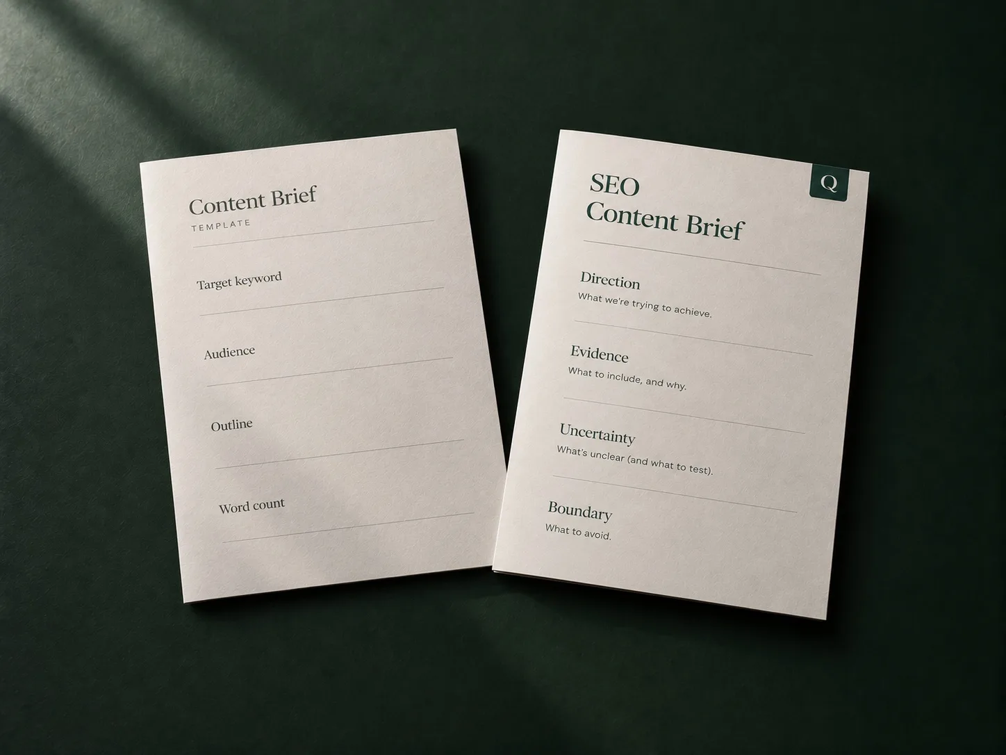 Two documents side by side: a content brief template with empty fields for target keyword, audience, outline, and word count, and a Querywright SEO content brief with sections for direction, evidence, uncertainty, and boundary.